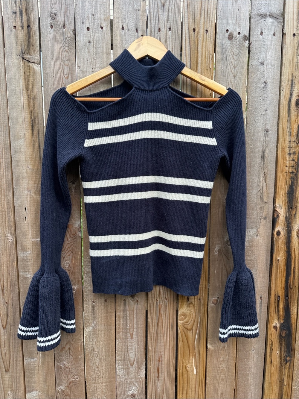 Self-Portrait Navy and Cream Striped Off-Shoulder Rib Knit Sweater - Picture 5 of 8